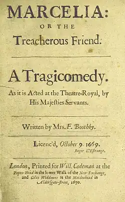 Title page of Frances Boothby's Marcelia, London, 1670