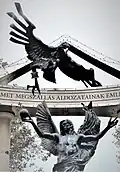 Archangel Gabriel holds the orb, Liberty Square, Budapest