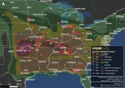 A detailed map of combined day 1 Storm Prediction Center convective outlooks, tornado warnings, and confirmed tornadoes during the May 6–10, 2024 tornado outbreak