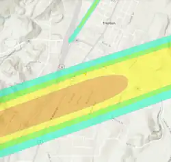 A map with several polygons and lines showing the tornado's strength at a given location