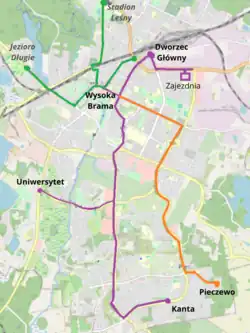 A map of both the current and former Olsztyn tram systems