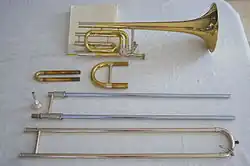 Disassembled trombone slide and tuning slides