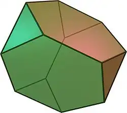 Truncated tetrahedron: The four faces from the tetrahedron are truncated to become regular hexagons, and there are four more equilateral triangle faces where each tetrahedron vertex was truncated. As a uniform polyhedron that is not a prism or antiprism, this is an Archimedean solid.[15][16]