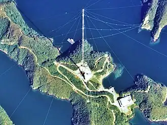 Omega navigation system antenna H, an obsolete radio navigation system, Tsushima, Japan, 389 meters, built 1973. Transmitted on 10–14 kHz.