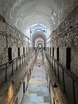 View of a two-story cell block at Eastern State Penitentiary, Philadelphia, Pennsylvania