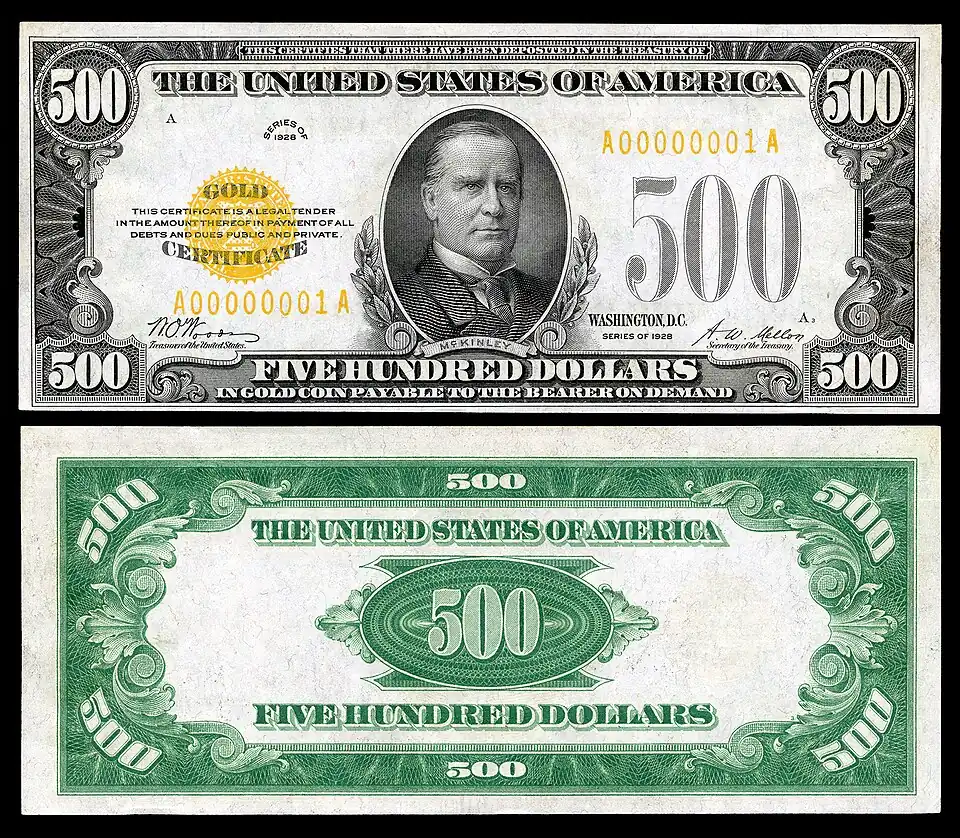 $500 Gold Certificate, Series 1928, Fr.2407, depicting William McKinley.