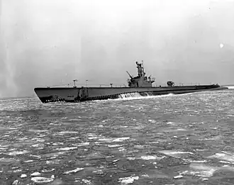 Loggerhead (SS-374), during sea trials on Lake Michigan, winter 1944.