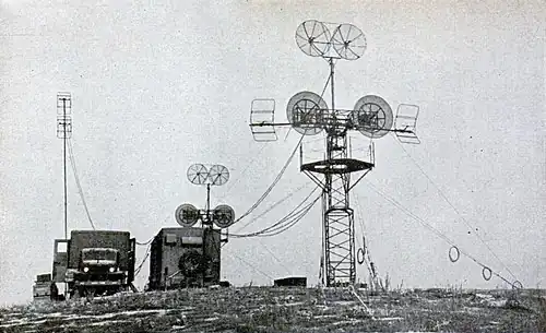 Mobile US Army microwave relay station 1945 demonstrating relay systems using frequencies from 100 MHz to 4.9 GHz which could transmit up to 8 phone calls on a beam