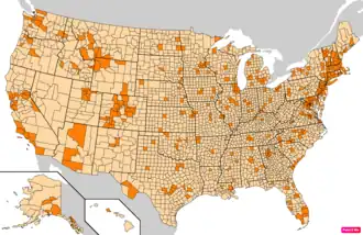 Counties in the United States by the percentage of the over 25-year-old population with bachelor's degrees according to the U.S. Census Bureau American Community Survey 2013–2017 5-Year Estimates.[52] Counties with higher percentages of bachelor's degrees than the United States as a whole are in full orange.