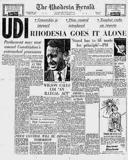 The front page of a newspaper, "The Rhodesia Herald". The main headline is "UDI—Rhodesia goes it alone".