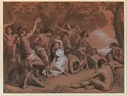 Startled looking scantily clad woman, surrounded by nude half-humans