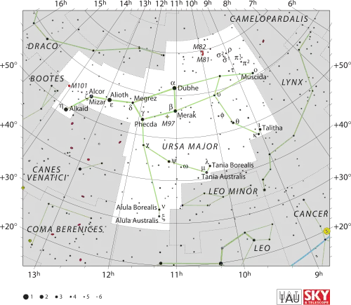 Diagram showing star positions and boundaries of the Ursa Major constellation and its surroundings