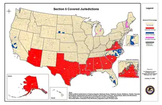 Map depicting states and counties encompassed by the act's coverage formula in January 2008 (excluding bailed-out jurisdictions)