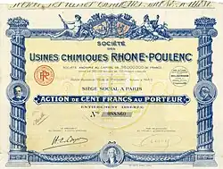 Founder's stock certificate of the Société des Usines Chimiques Rhône-Poulenc for 100 francs, issued on 5 September 1928 in Paris, with the signature of Hippolyte-Eugène Boyer as Chairman of the Supervisory Board