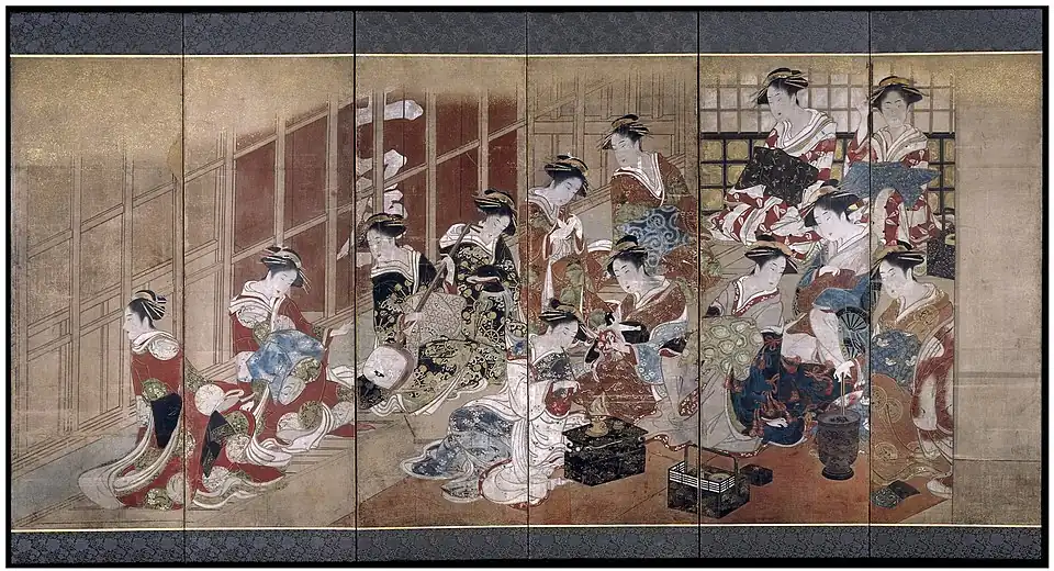 Courtesans of the Tamaya House Toyoharu, byōbu screen painting, c. 1770s–80s
