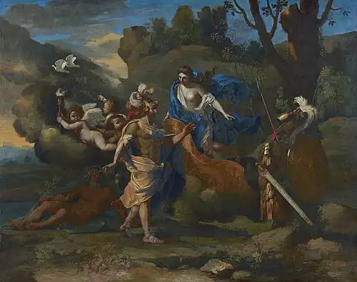 Nicolas Poussin, Venus, Mother of Aeneas, presenting him with Arms forged by Vulcan,  1636–37