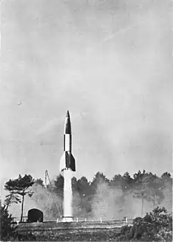 A German V-2 rocket fired by the British from a launch pad near Cuxhaven, during Operation Backfire in 1945.