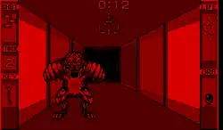 A red-and-black screenshot displaying a clawed, bipedal creature attacking the protagonist. The setting is a long hallway that ends in darkness, and has user interfaces on the left and right side, displaying health, ammunition, and other elements.