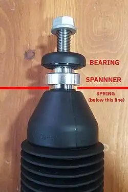 An extra aluminium spanner / distancing block is placed between the bearing and the top coil plate.