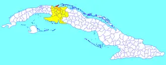 The former Varadero municipality (red) within Matanzas Province (yellow) and Cuba. The rest of Cárdenas municipality is shown in orange