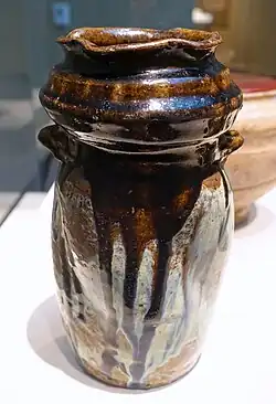 Karatsu Vase, with lacquer lid for use as tea ceremony water jar. Momoyama period, 1596-1615