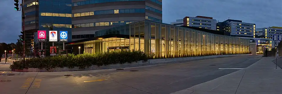 Exterior of new entrance pavilion viewed at night