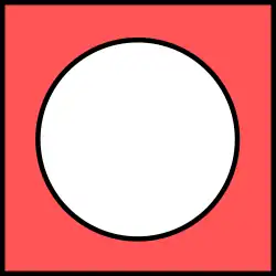An unfilled circle inside a square. The area inside the square not covered by the circle is filled with red. The borders of both the circle and the square are black.