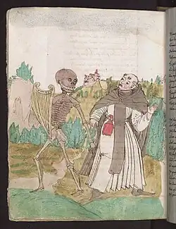 Totentanz, Death comes for a monk, with a book in his belt.