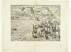 A fleet of at least 15 ships attacks a bastion labeled 'Graciosa'. Boats land armed people near a town labeled 'ALLAGOENA'. The island is labeled 'Insula De Gran Canaria'.
