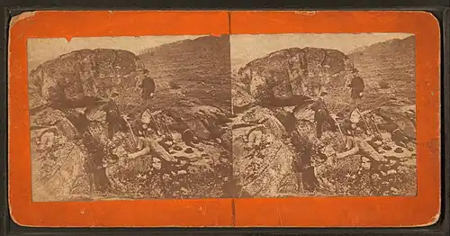 Taken in Devil's Den of PA militiamen playing "Dead" in November 1863![14]