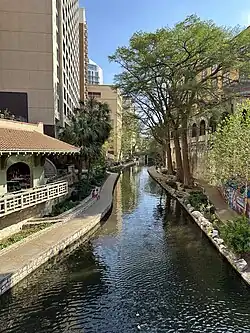 View of the River Walk in April 2025 from E Houston St