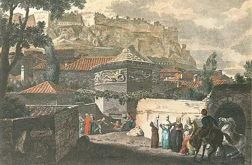 General view of the tower, from Stuart & Revett's The Antiquities of Athens, illustration drawn in 1751, with added hand-colouring
