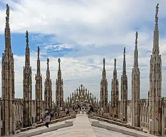 Pinnacles with statues on the roof of Milan Cathedral