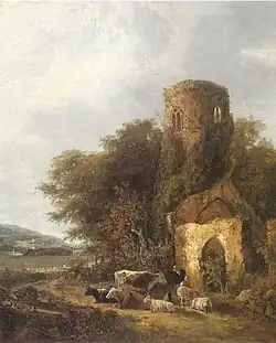 rural scene with church (painting)
