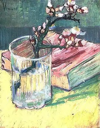 Blossoming Almond Branch in a Glass with a Book, 1888, Private collection (F393)