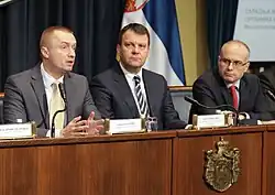 Bojan Pajtić, Igor Mirović, and Miloš Vučević at a press conference
