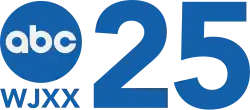 All rendered in blue: Next to the ABC network logo, a disk with white letters "abc", the numeral "25". The letters WJXX in a sans serif, also in black and drop shadowed in white and red, appear below the ABC.