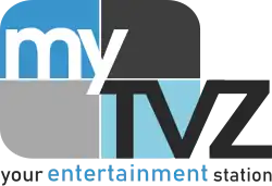 A rounded rectangle divided into blue and gray parts with the word "my" in white and a black "TVZ" in the lower right. Underneath is the text "your entertainment station", with "entertainment" in larger and blue lettering to emphasize it.