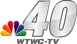 The NBC peacock next to a bold italicized large 40 with the call letters W T W C - T V in a bold italic wide sans serif below.
