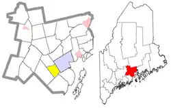 Location of Belmont (in yellow) in Waldo County and the state of Maine