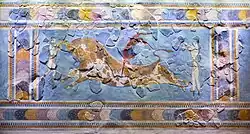 The fresco named the Bull-Leaping Fresco; 1675-1460 BC; lime plaster; height: 0.8 m, width: 1 m; from the palace at Knossos (Crete); Heraklion Archaeological Museum