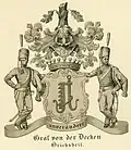The General of the Cavalry Count Georg J.W.L. von der Decken [de] chose as blazon holders two soldiers of the 1. Hussar-Regiment of the King's German Legion, a Regiment, in which he had distinguished himself so much. He was honored with the title Graf in 1835. He had no legitimate children, therefore the title did not continue after his death in 1859.