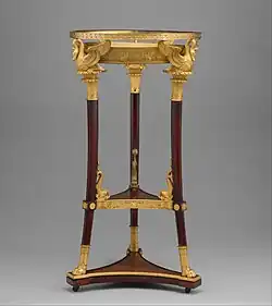 Washstand (athénienne or lavabo); 1800–1814; legs, base and shelf of yew wood, gilt-bronze mounts, iron plate beneath shelf; height: 92.4 cm, width: 49.5 cm; Metropolitan Museum of Art