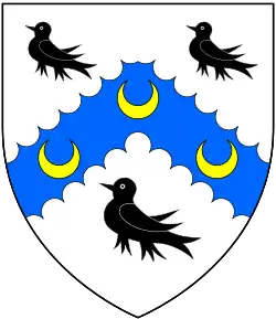 Arms of Watson, of Rockingham Castle: Argent, on a chevron engrailed azure between three martlets sable as many crescents or