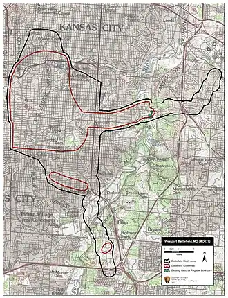 Map of Westport Battlefield core and study areas by the American Battlefield Protection Program