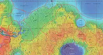 MOLA map showing boundaries of Isidis Planitia and other regions
