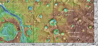 MOLA map showing Firsoff Crater, Crommelin Crater, and Danielson Crater. These all have equatorial layered deposits . Colors indicate elevations.