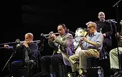 Woody Allen with Jerry Zigmont and Simon Wettenhall performing at Vienne Jazz Festival, Vienne, France.