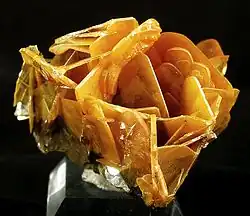 Cluster of translucent, butterscotch-colored wulfenite blades from the Glove Mine, Arizona, US