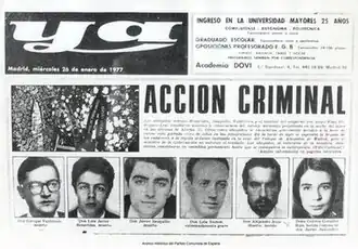 Image of the front page of a Spanish language newspaper showing six individual passport type photographs of the victims, a photograph of two funeral wreathes and a two-word headline in bold letters which reads, "Accion Criminal"